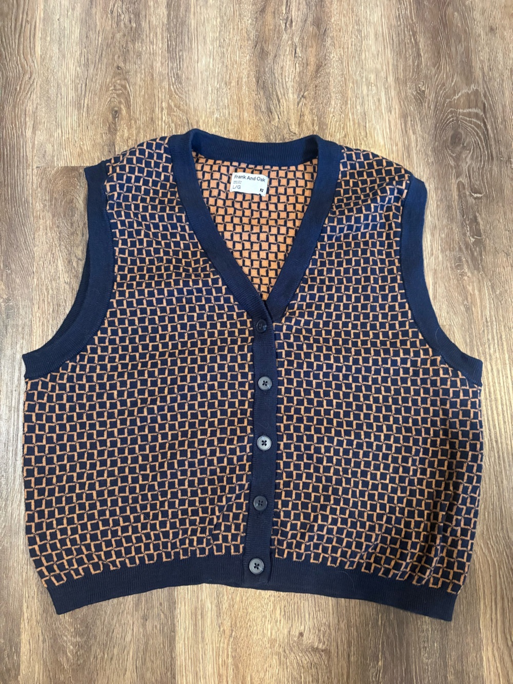Frank and Oak Navy and Bronze Geometric Knit Button-Up Vest Size L